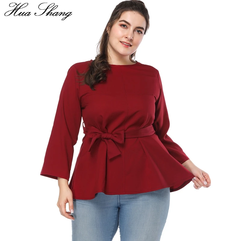 

Plus Size Womens Tops And Blouses Long Sleeve Autumn Women Tops 2018 Female O Neck Lace Up Bow Belt Tunic Tops Red Chemise Femme