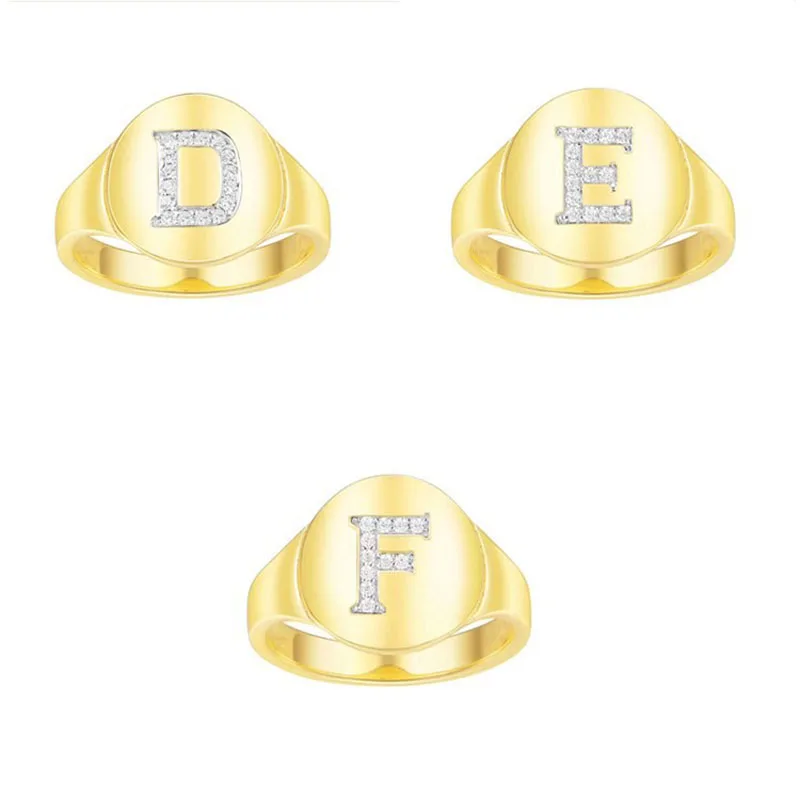 

925 Sterling Silver Round Gold Color Initial Rings Cubic Zirconia Letter D E F Name Ring Women Girl Fashion Brand Monaco Jewelry