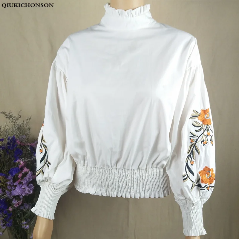 

Spring Autumn Long Lantern Sleeve Blouse Women Vintage Ruffle Collar Embroidery Blouses Elastic Waist Plus Size Women Crop Tops