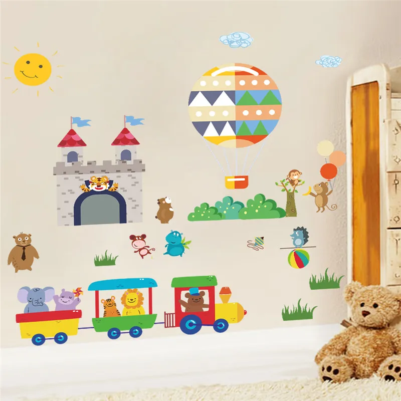 Cartoon Forest Animals on the train car wall stickers For Kids Rooms hot air balloon Wall decals Children Bedroom mural art | Дом и сад