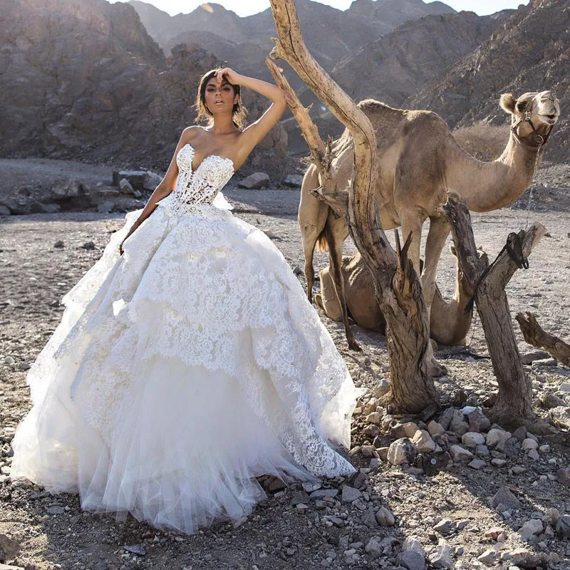 Stunning Lace Wedding Dresses Pearls Sheer Plunging Neck A-Line Lace-up Back Sweep Train Tulle Tiered Bridal Gowns219