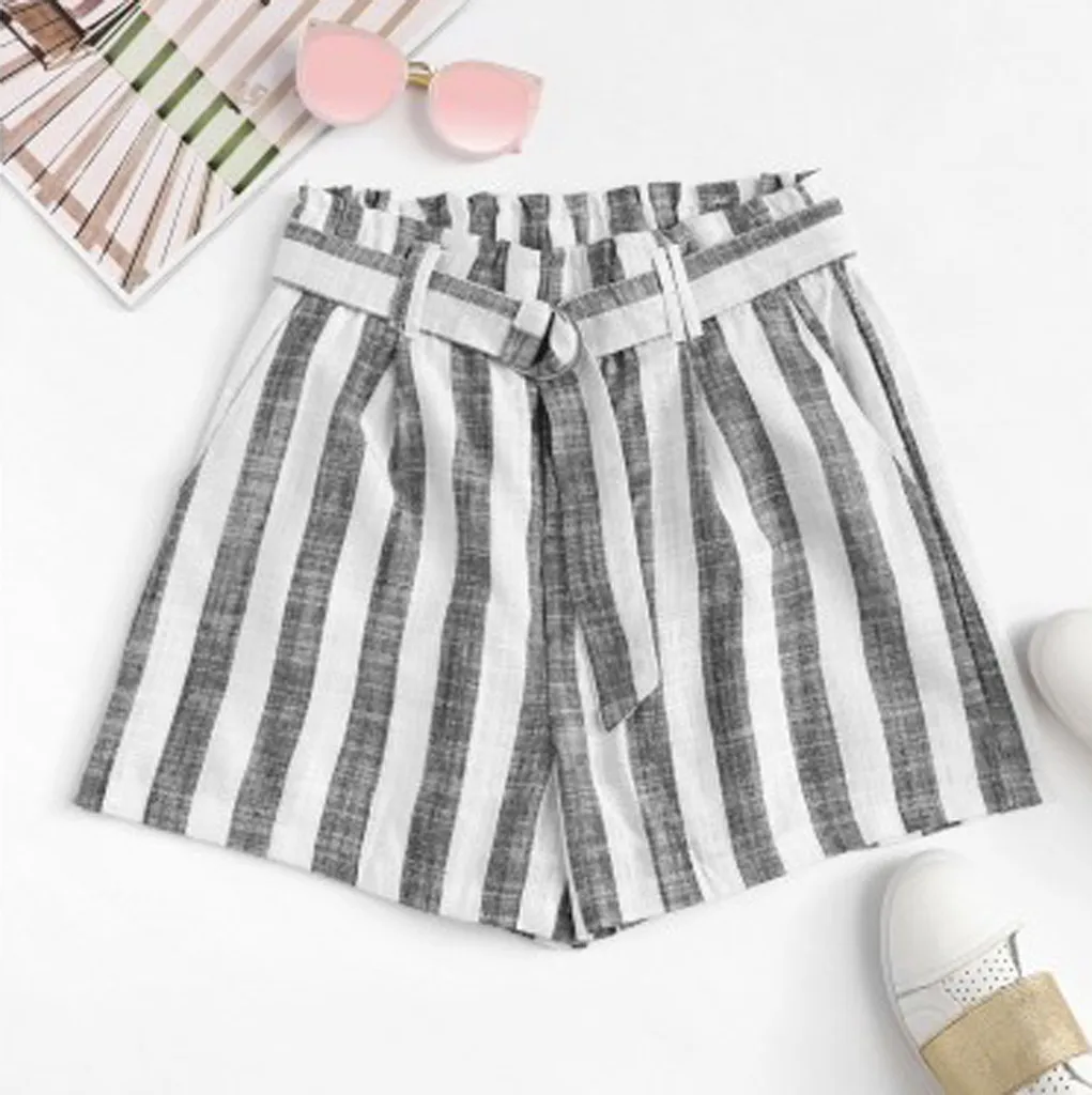 

2019 Womens Casual Beach Striped shorts female Mid Waist Belt summer shorts Loose wide leg spodenki damskie