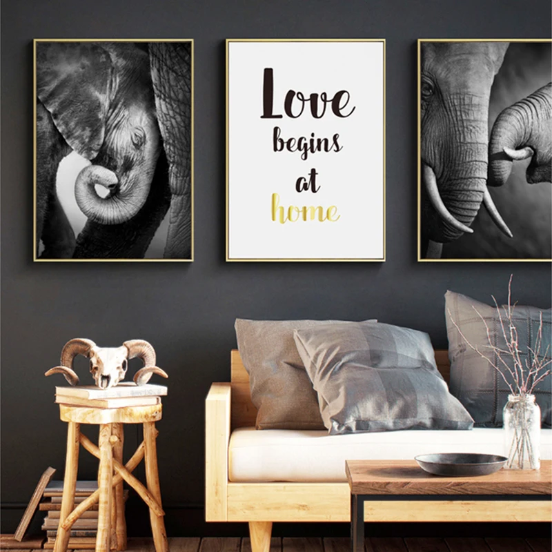 

Nordic Black White Animal Elephant Poster and Print Love Quotes Wall Art Canvas Painting Wall Picture for Living Room Home Decor