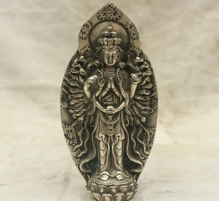 

Chinese Culture Fengshui HandMade Silver Bronze Statue Avalokitesvara Buddha