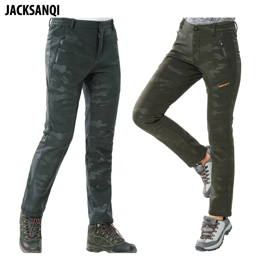 JACKSANQI الرجال المرأة الشتاء سراويل للتسلق في الهواء الطلق سميكة التمويه الصوف سوفتشيل السراويل يندبروف للتخييم التزلج RA142