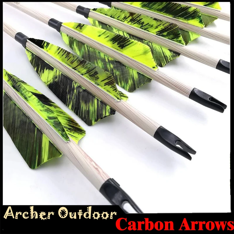 

6/12pcs Spine 400 500 600 Wooden Carbon Arrows ID6.2mm 4" Turkey Feathers 100gr Points Compound Traditional Bow Hunting Archery