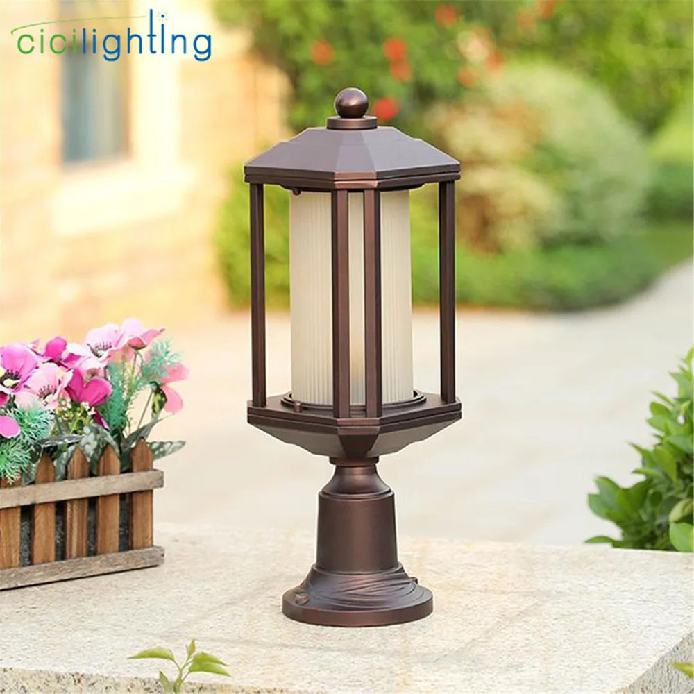 Beste Vintage outdoor art decoratie LED Post licht Aluminium glas schaduw pijler lichten buiten yard tuin antieke landschap verlichting