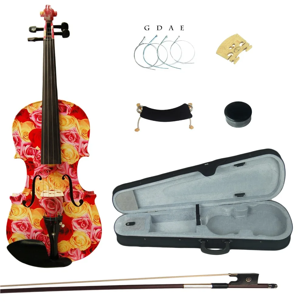 

Kinglos 4/4 Full Size Blue Flower Red Rose Solid Wood Violin Kit with Ebony Fittings for Beginners Case Bow Rosin etc.