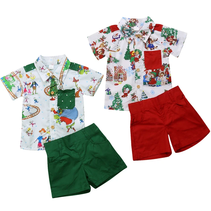 Комплект одежды для маленьких мальчиков с рождественской тематикой, футболка с короткими рукавами топ+ красные или Зеленые Короткие штаны комплект одежды на год