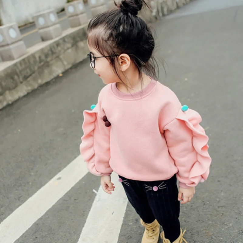 

Girl Winter Sweatshirts 2018 Baby Casual Solid Color Fleece Ball Thicken Pullover Tops Girls Kids Sweatshirt 3-7 8 9 10 Years