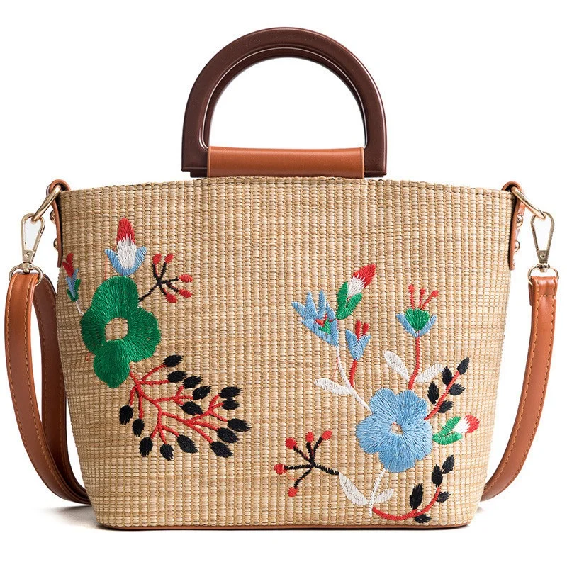 

New Straw Bag Female Shoulder Versatile Handbag Embroidery Woven Bucket Bag