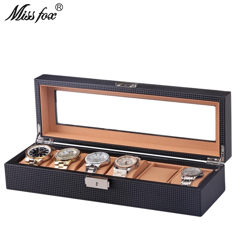 

MISSFOX 6 Watch Box Luxury Version Outer Carbon Fiber Inner Brown PU Leather Stand For Hours Watch Box Watch Display Storage Box