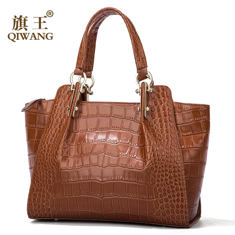 

Brand Kate Princess Desgign Women Bag Luxury Brown Crocodile Leather Handbag Fashion Large Trapeze Tote Bag