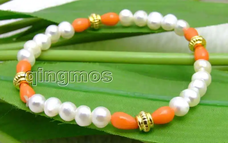 

SALE Beautiful! 6-7mm white Natural Pearl and 5*9mm Orange drop coral 7.5" bracelet-bra286 Free shipping Wholesale/retail