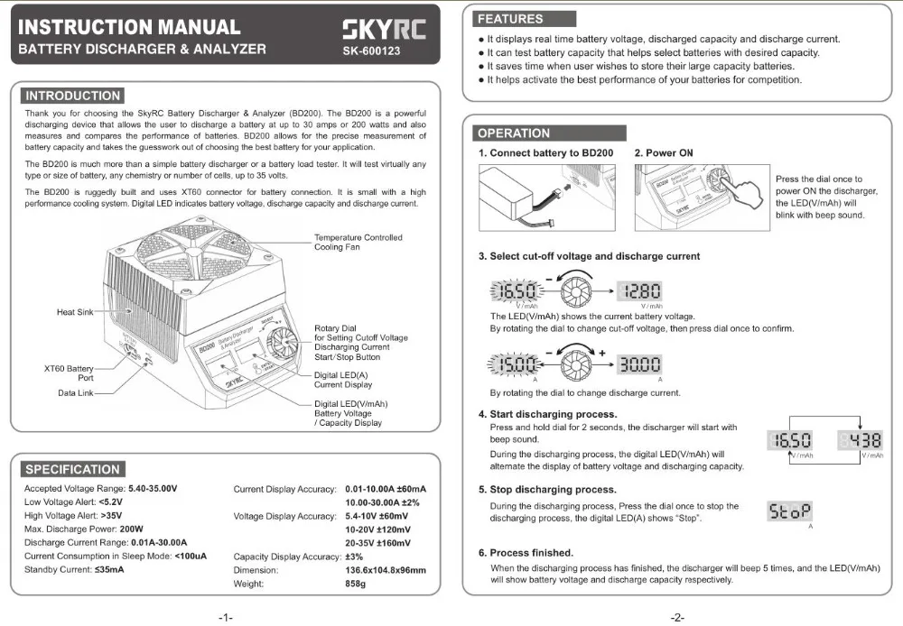 SKYRC BD200 200W 30A 5,4 V-35 V разрядник батареи& анализатор для LiPo LiFe LiHV никель-металл-гидридных и никель-кадмиевых батарея PB