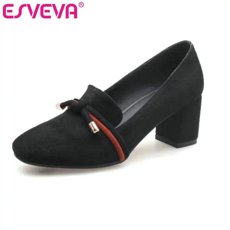 

ESVEVA 2019 Women Pumps Flock Slip on Butterfly-Knot Round Toe High Heel Leisure Basic Black Ladies Single Shoes Size 34-43