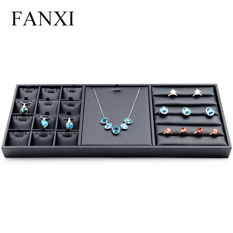 

FANXI free shipping black color leather material multi-function tray ring finger necklace pendant display stand for showcase