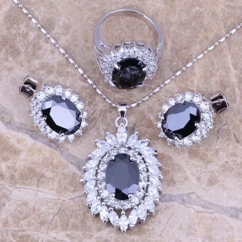 

Black Cubic Zirconia White CZ Silver Plated Stamped 925 Jewelry Sets Earrings Pendant Ring Size 5 / 6 / 7 / 8 / 9 / 10 S0062