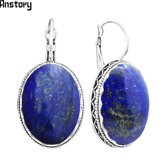 Oval Natural Lapis Lazuli Earrings For Women Vintage Antique Oval Natural Lapis Lazuli Earrings For Women Vintage Antique Silver Plated Flower Pendant Cuff Fashion