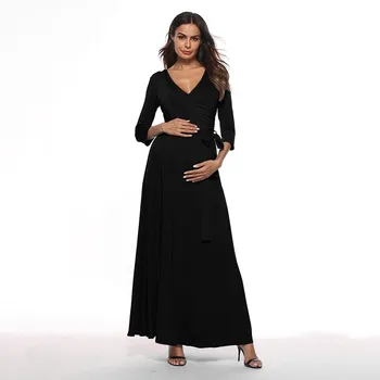

Women's Pregnancy V Collar High Waist Dress Maternity Waist Belt Long Dress Zwangerschaps Jurk Voor Fotografie Maternity Dress