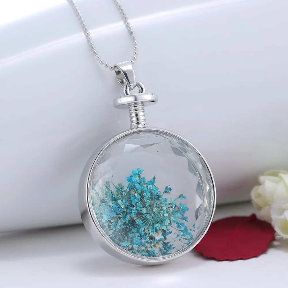 Ожерелье с сухими цветами Подвеска на серебряной цепочке круг красота стеклянный красочный цветок кулон ожерелье s для женщин лучший специальный подарок