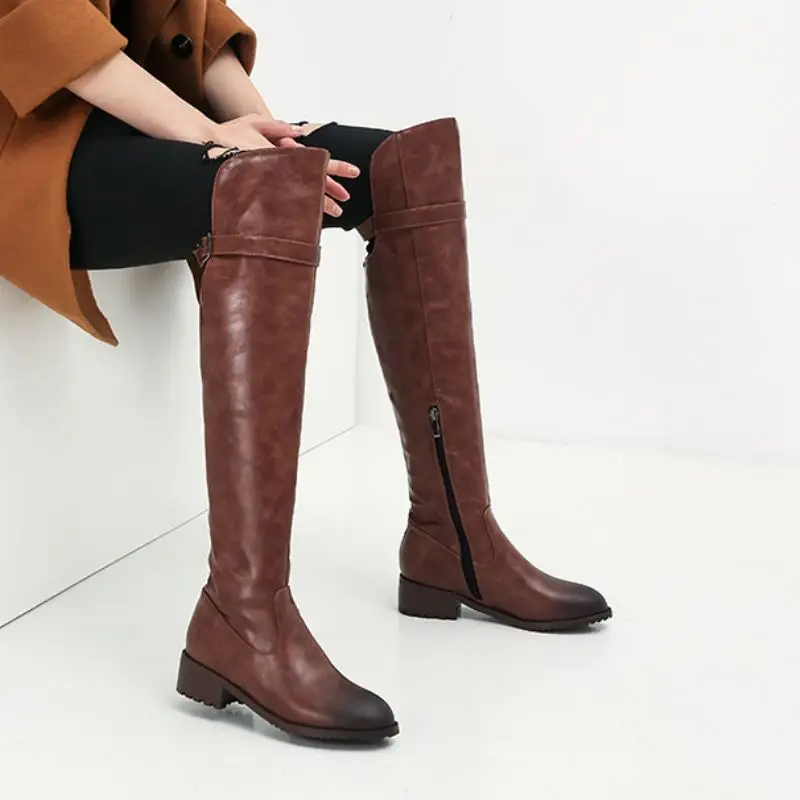 RIZABINA Women Buckle Plus Size 34-48 Straight Boots Fashion Retro Daily Office Sexy Long Boots Over The Knee Boots Footwear