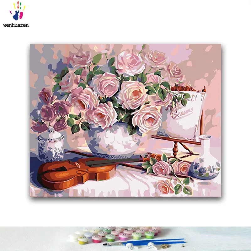 

DIY Coloring paint by numbers Pink rose and violin paintings by numbers with kits 40x50 framed