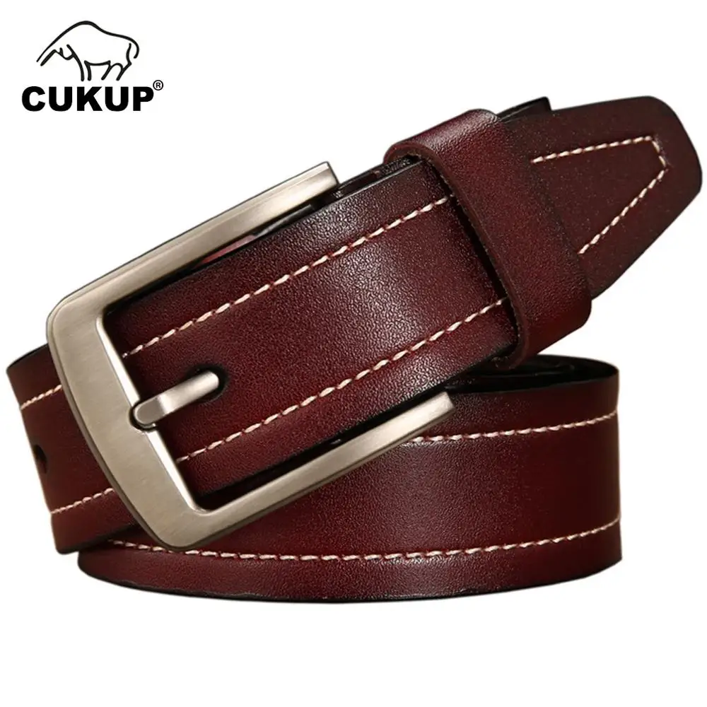 

CUKUP Men Luxury Designers Quality Brown Genuine Leather Belts Men's Simple Design Black Style Waist Belt for Jeans Man NCK685