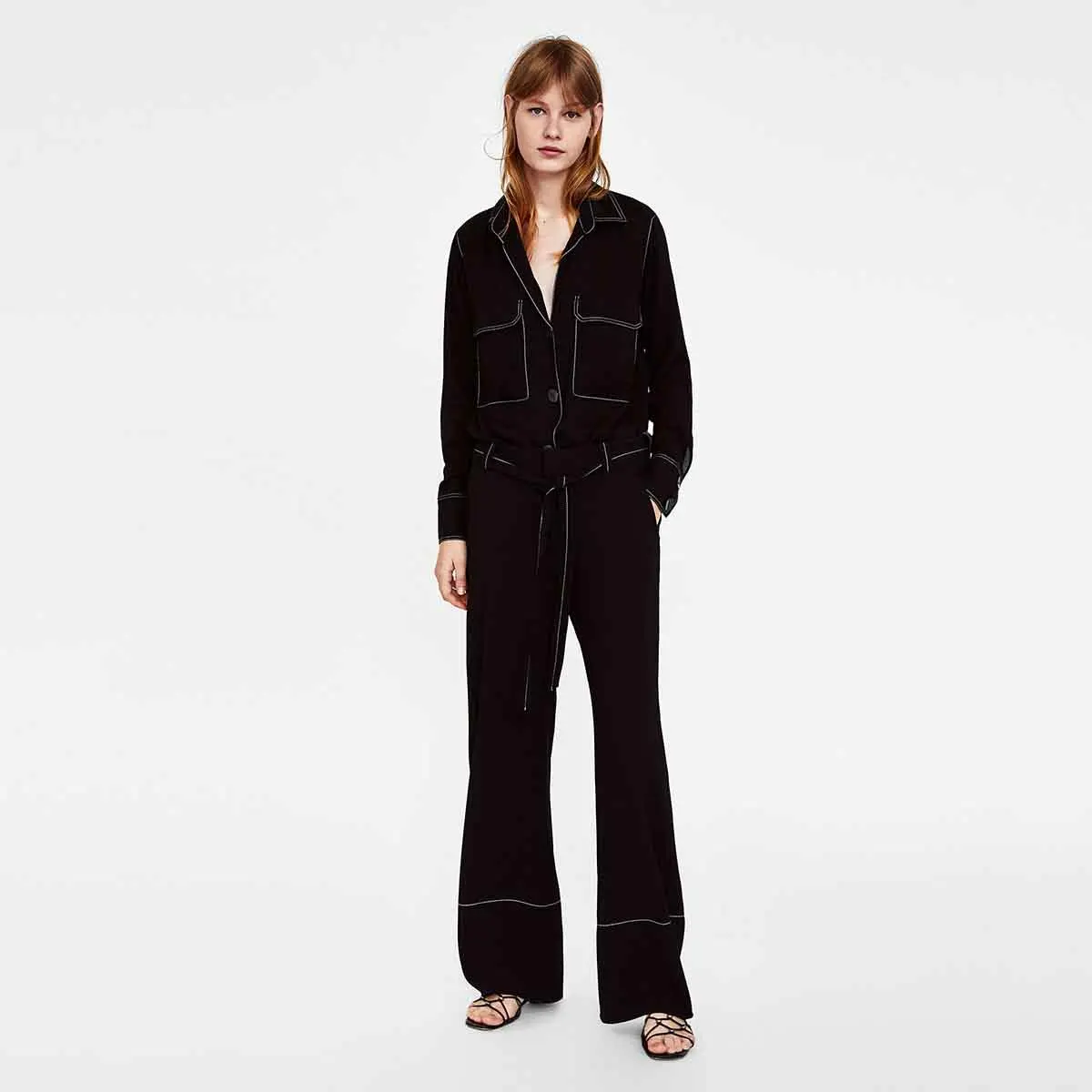 

2019 Spring Europe and The Long Leg OL Wind Tooling Tie Color Clear Line Black Broad-legged Pants Skinny Trousers Women Pants