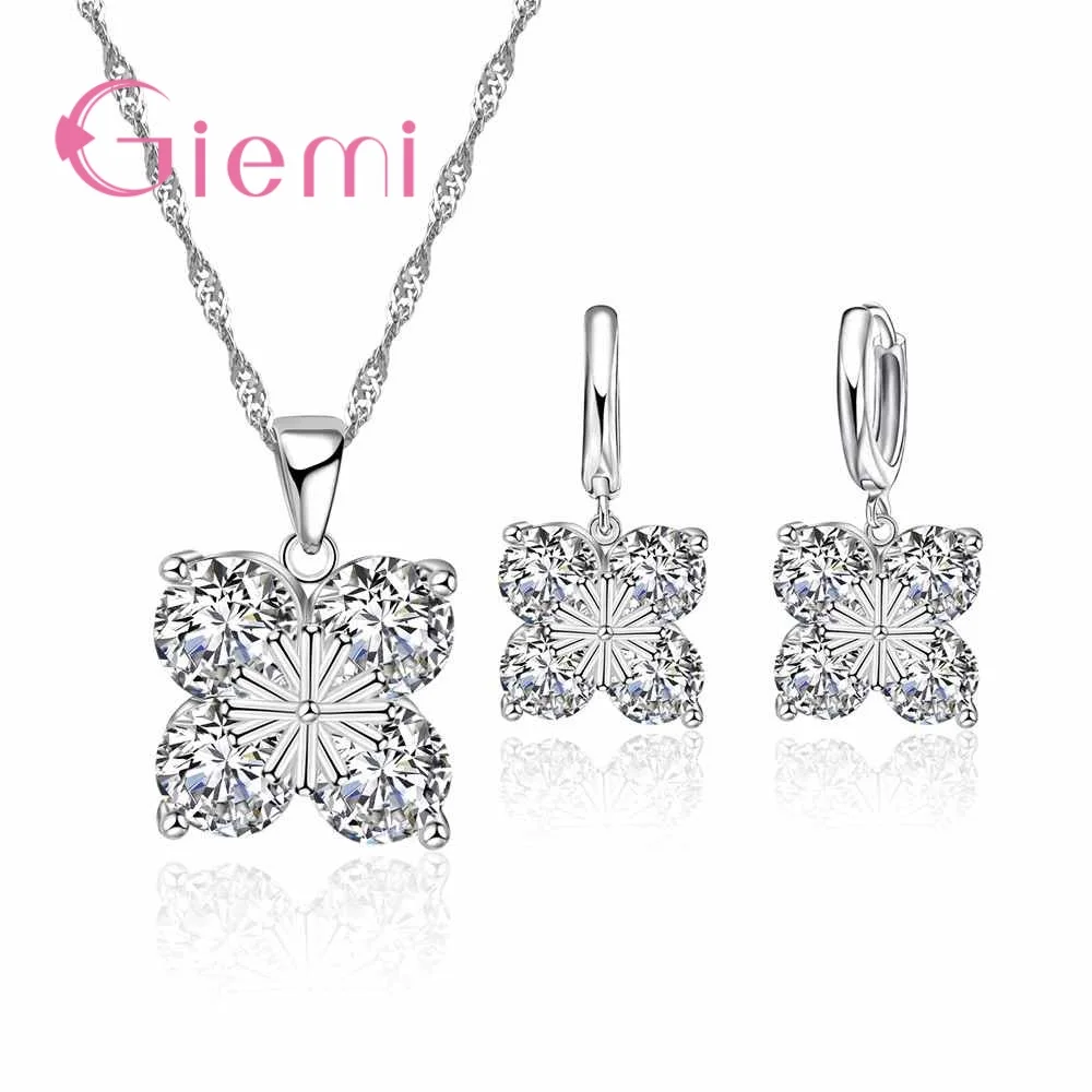 

Giemi Brand Design Big Crystal Flower Shape Fashion Party 925 Sterling Silver Statement Necklace Hoop Earrings Jewelry Sets