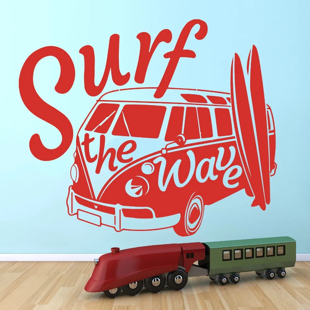 Surf The Wave Camper автомобилей Стены Стикеры Спальня детская Surf автомобиль серфинга летние пляжные настенные Детская комната Винил арт