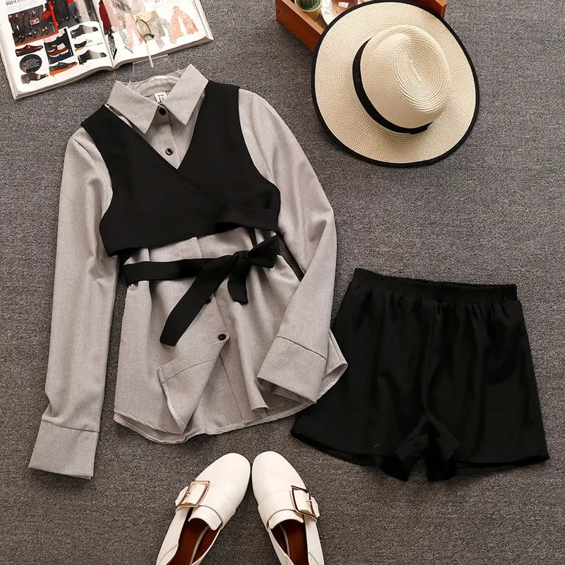 

2019 Spring Autumn Women Long Sleeve Shirts + Vest + Black Shorts 3 pcs sets Female Fashion Suits A644