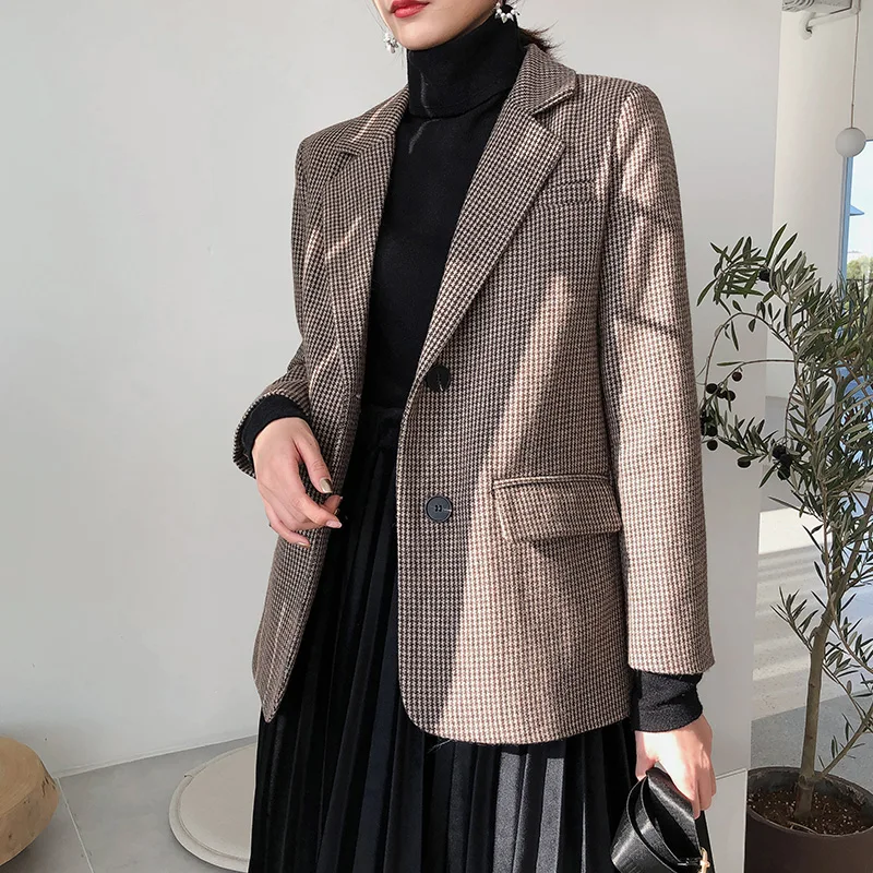 

Women Plaid Woolen suit Female Autumn new feminino retro plaid suit jacket straight casual Woolen jacket Suits Slim Blazer