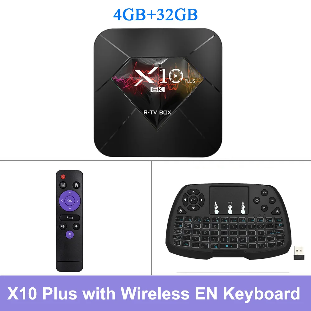 R-TV BOX Smart TV Box X10 PLUS Android 9.0 Allwinner H6 4K Media Player 4GB RAM 32GB ROM 2.4G WiFi USB3.0 H.265 VP9 Set Top Box - Color: 32GB EN Keyboard