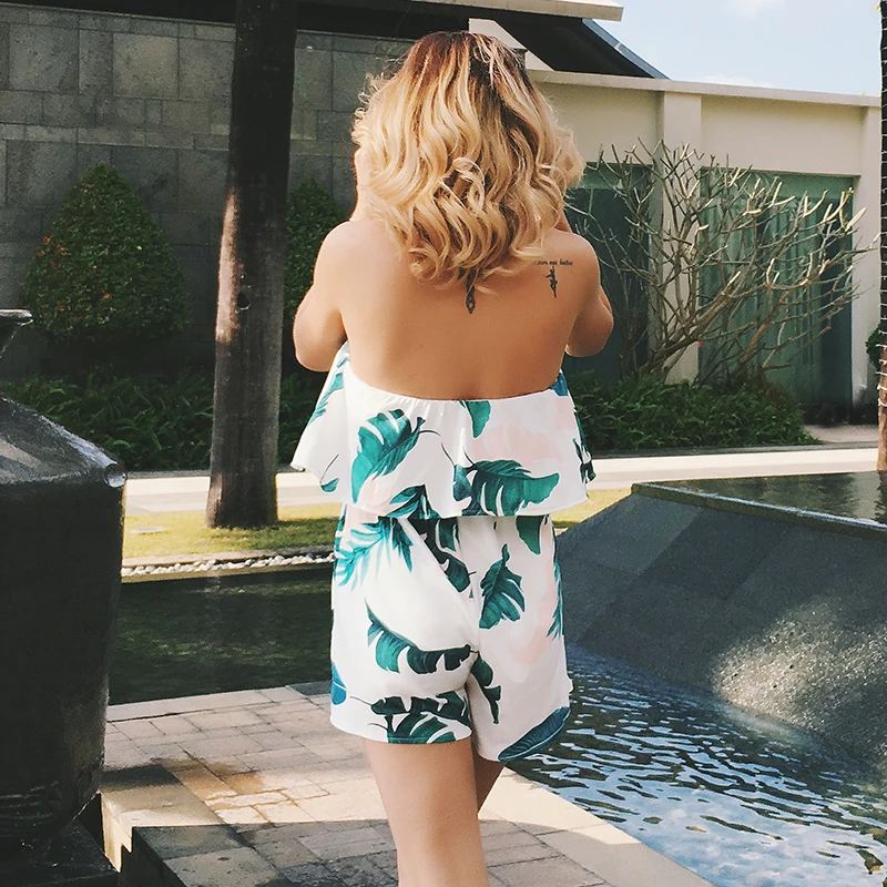 Hot Sale Slash Neck Bohemian Printed Lotus leaf edge strapless Loose Leisure Holiday Short Jumpsuits Hot Sale Slash Neck Bohemian Printed Lotus leaf edge strapless Loose Leisure Holiday Short Jumpsuits