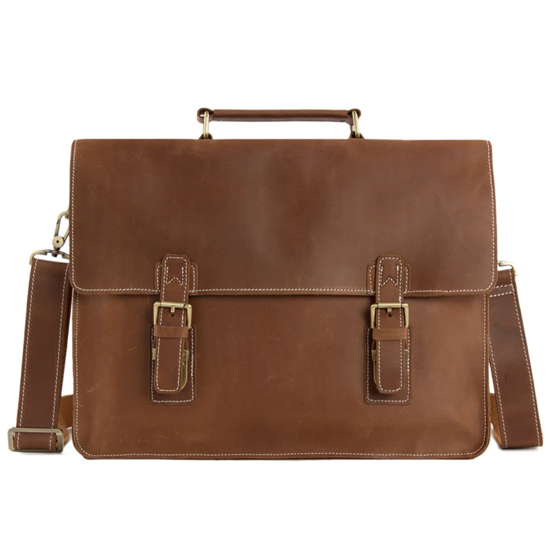 

ROCKCOW Genuine Leather Briefcases 15 " Laptop Bag Vintage Style Handbag Retro Brown Crazy Horse Leather 7035B-1