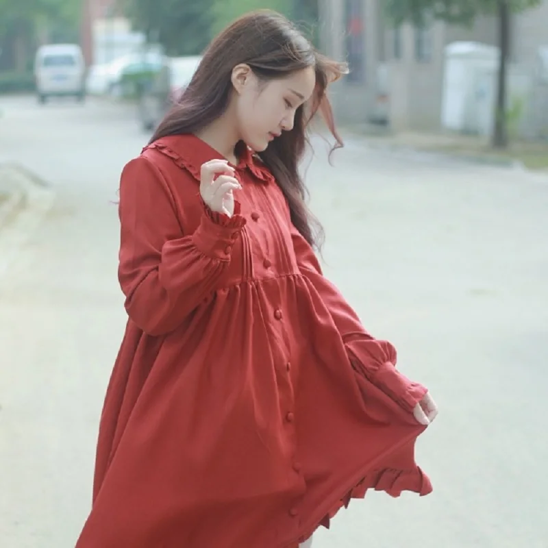 Japan Style Mori Girl Autumn Winter Women Kawaii Dress Peter Pan Collar Solid Casual Loose Vestidos Elegant Sweet Ruffles Dress Dresses