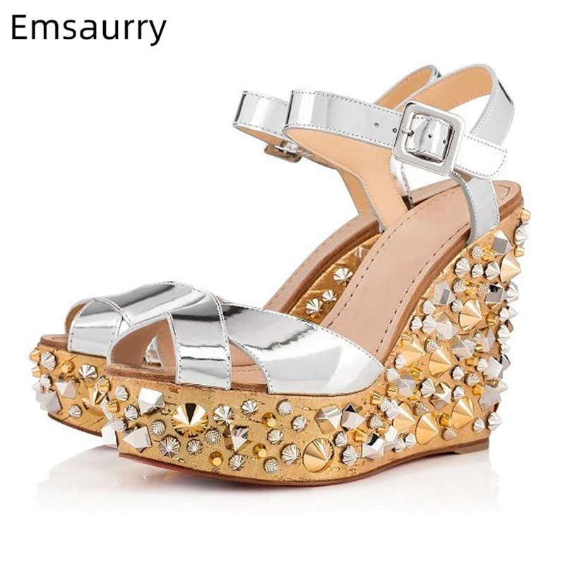 

High Wedges Platform Sandals Women New Summer 2019 Silver Cross Band Ankle Strap Thick Bottom With Rivet Rhinestone Shoes Woman