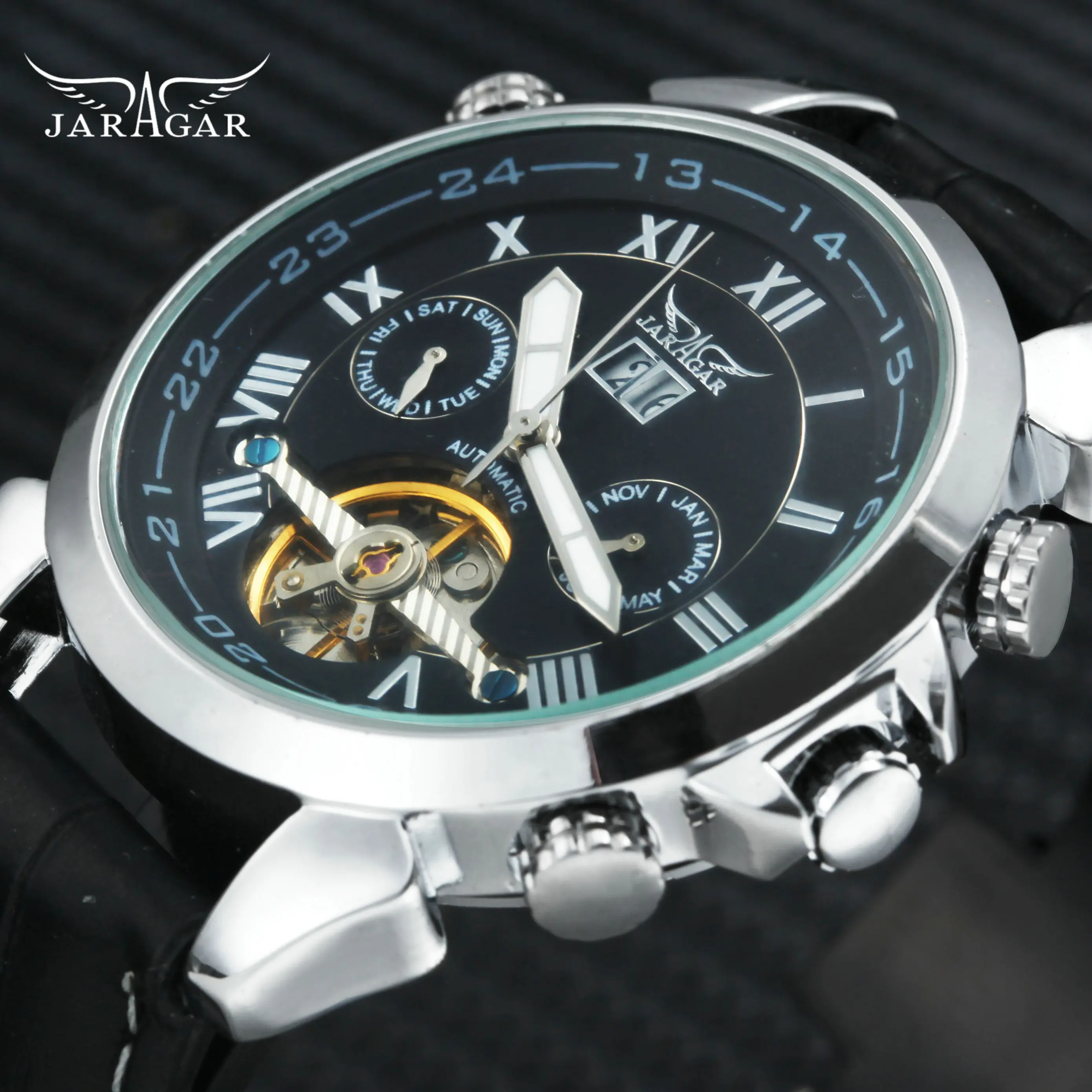 

JARAGAR Dress Fashion Tourbillon Mechanical Watch Men Leather Strap Skeleton Dial Sub-dials Calendar Top Brand Luxury Watches