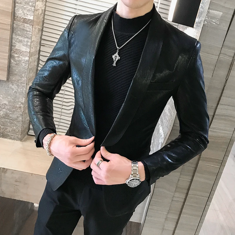 Korean Suit Coat Solid Black Slim Fit Blazer Hombre PU Leather Jacket Men One Button Business Casual Prom Blazers For Men - Цвет: black