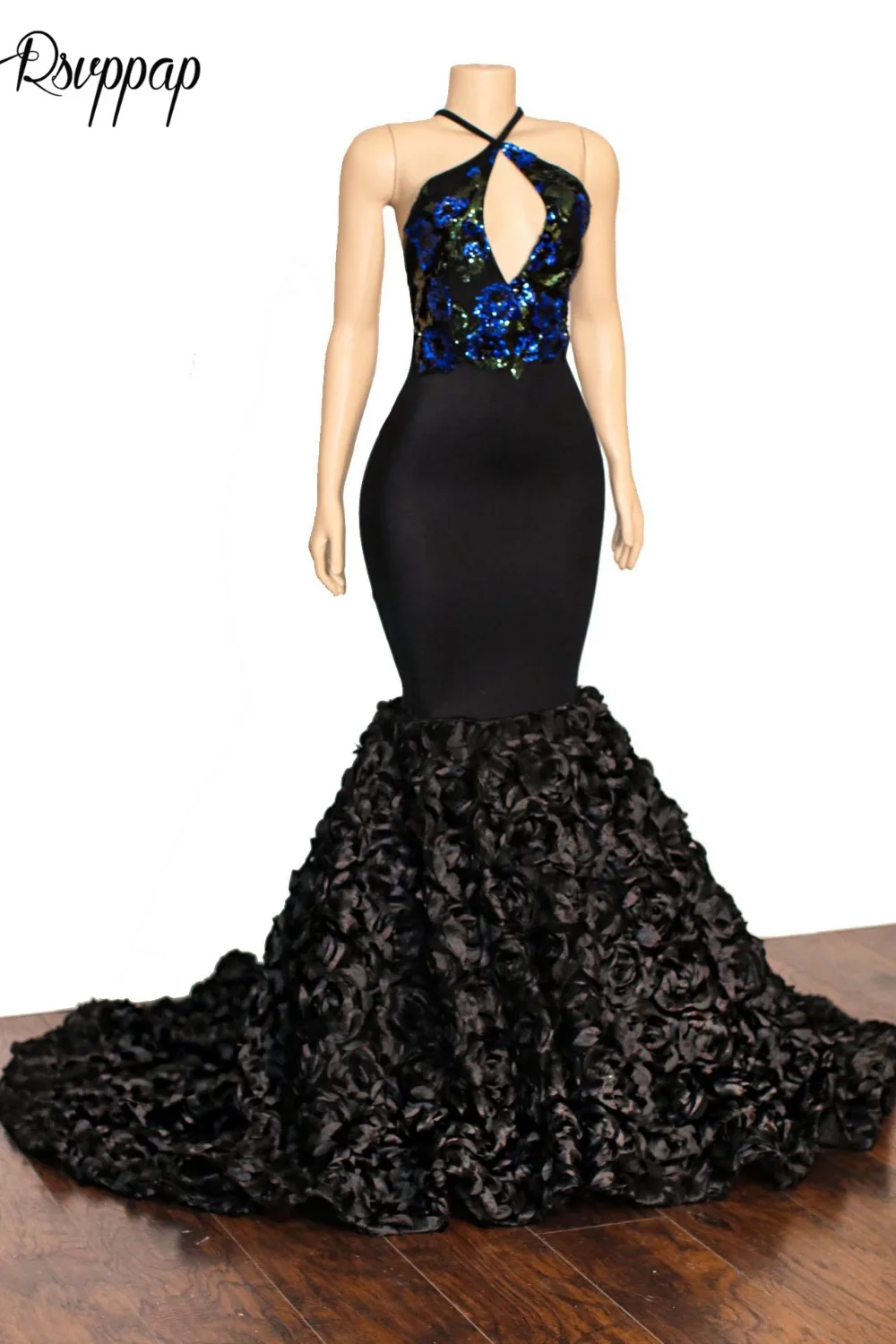 Real Sample Long Mermaid Prom Dresses V-neck Top Sequin Applique Flowers African Girl Black Satin Backless Prom Dress