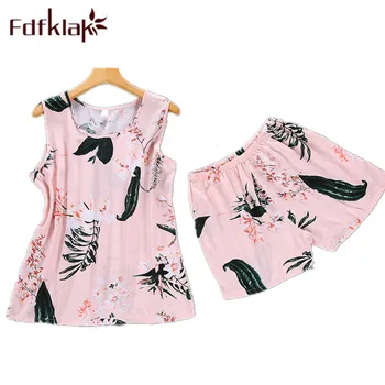 

Fdfklak Pijama Sexy Summer Sleeveless Sleepwear Lingerie Pyjamas Women Two Piece Floral Silk Pajamas Home Clothes M-XXL Q1179