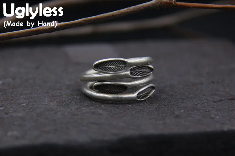 

Uglyless Real S925 Vintage Thai Silver Women Handmade Rings Engrave Leaves Bijoux Wide Finger Ring Ethnic Adjutable Fine Jewelry
