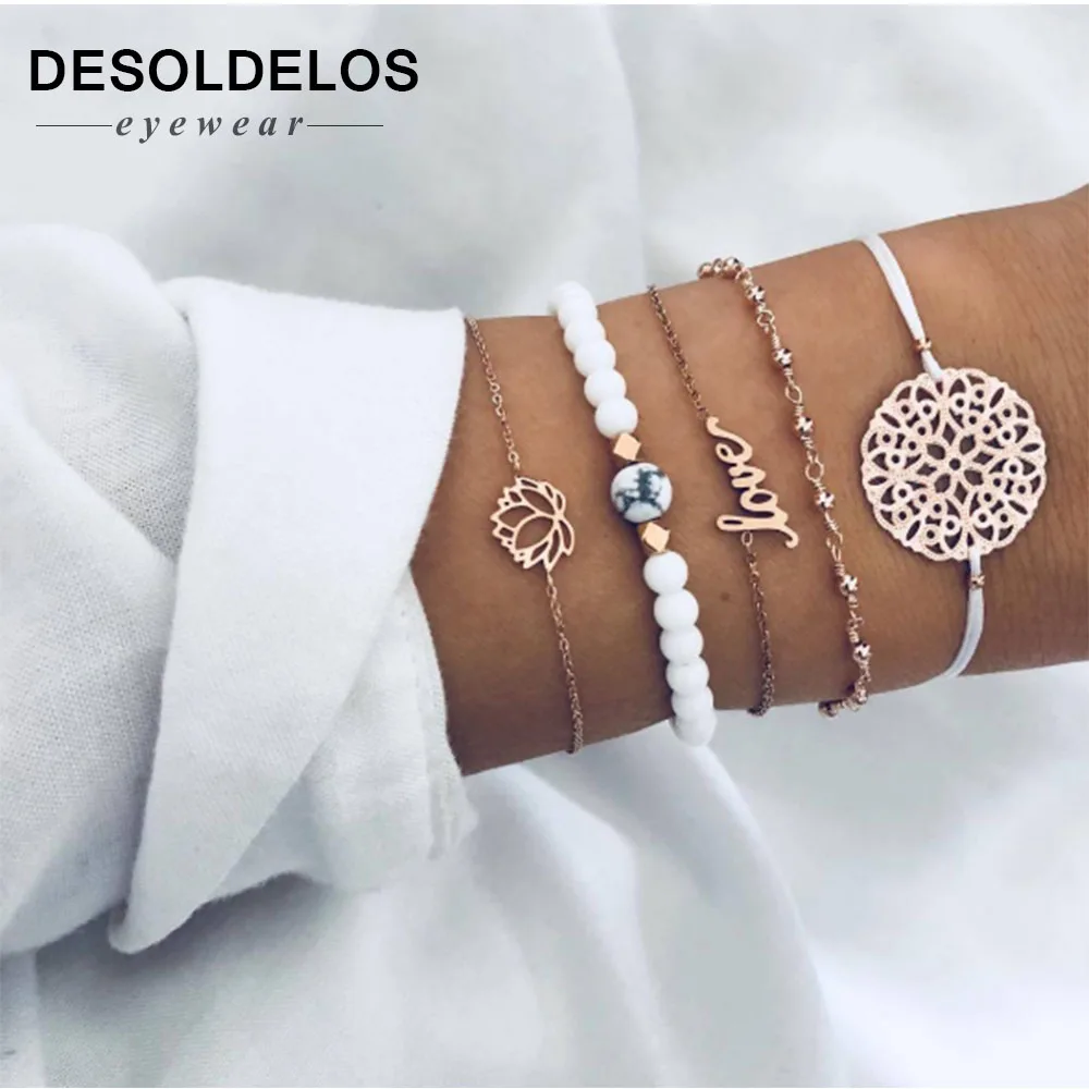 

5 Pcs/ Set Female Retro Map Heart Love Bead Round Gem Leather Chain Silver Bracelet Set Personality Girl Christmas Gift