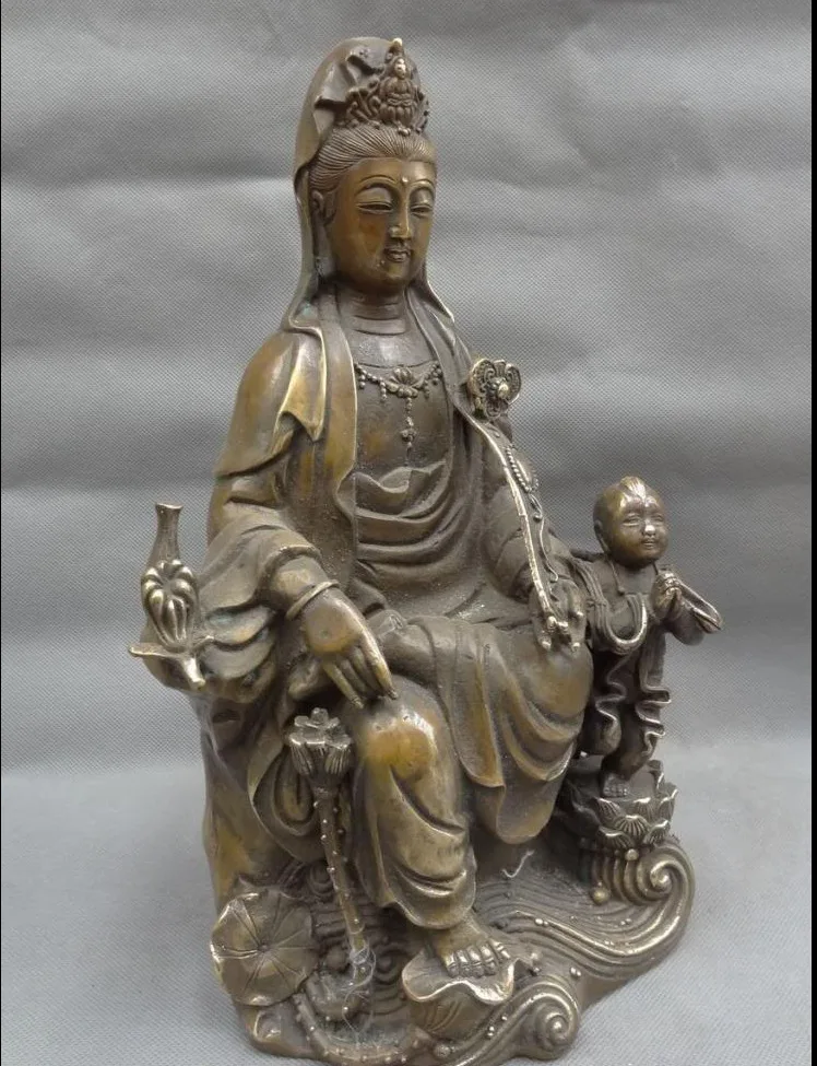

hui88K829<<<12" Chinese Bronze Buddhist RuYi Lotus Kwan-Yin GuanYin Pot Kid Child Statue