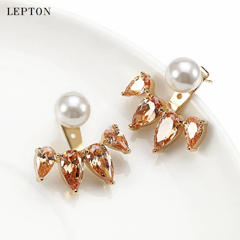 Lepton Champagne Zircon Earrings Ear Jacket Gold & Black Drops Of Water