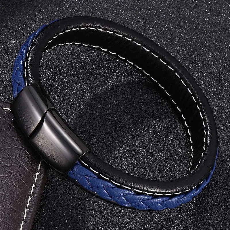 

Trend Bracelets for Men Black Blue Leather Braided Bracelet Bangles 3 Colors Magnetic Buckle Male Wrist Band Jewelry Gifts 0009