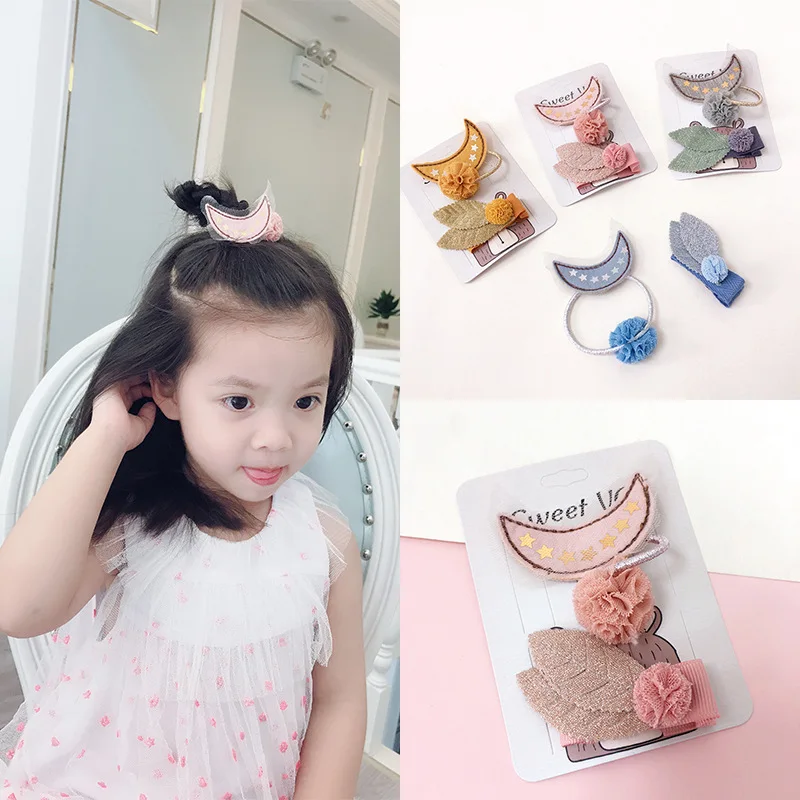 

2pcs Cute Moon Star Shape Hair Barrette Hair Clip Hairpin Girls Lace Bow Elastic Hair Band Kid Hair Accessories Set