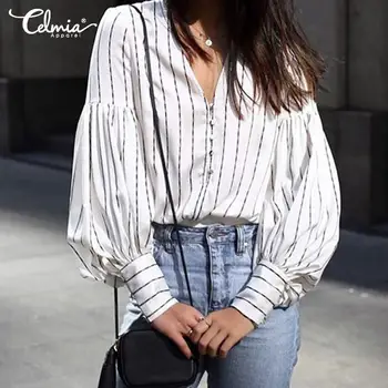 

Celmia Womens Plus Size Blouses Autumn Vintage Striped Shirts Tops V Neck Elegant Camisa Buttons Casual Loose Blusas Femininas