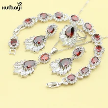 XUTAAYI 4 UNIDS 925 Revestimiento de Plata Juegos de Joyería Rojo Granate sintético de Calidad Superior Súper Boda Collar/Anillos/Pendientes/pulsera